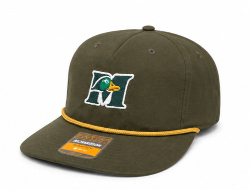 Manning Waterfowl Rope Hat with embroidered mallard M logo, olive crown and gold rope, front view